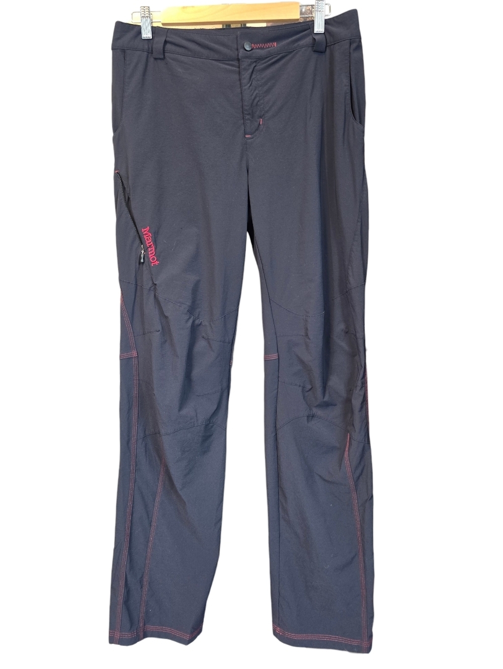 Marmot Softshell Outdoor Hiking Trail Pants Mens Black Red Stitch Size Medium